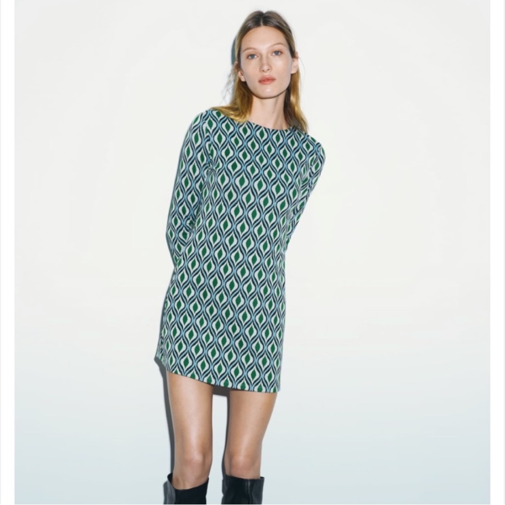 Zara Green & Blue Geometric Long-Sleeve Mini Dress